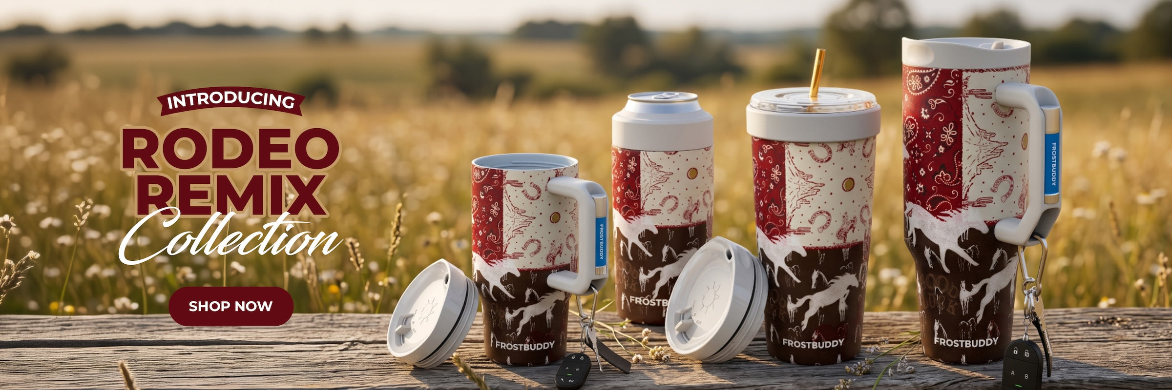 Rodeo Remix drinkware collection in a field